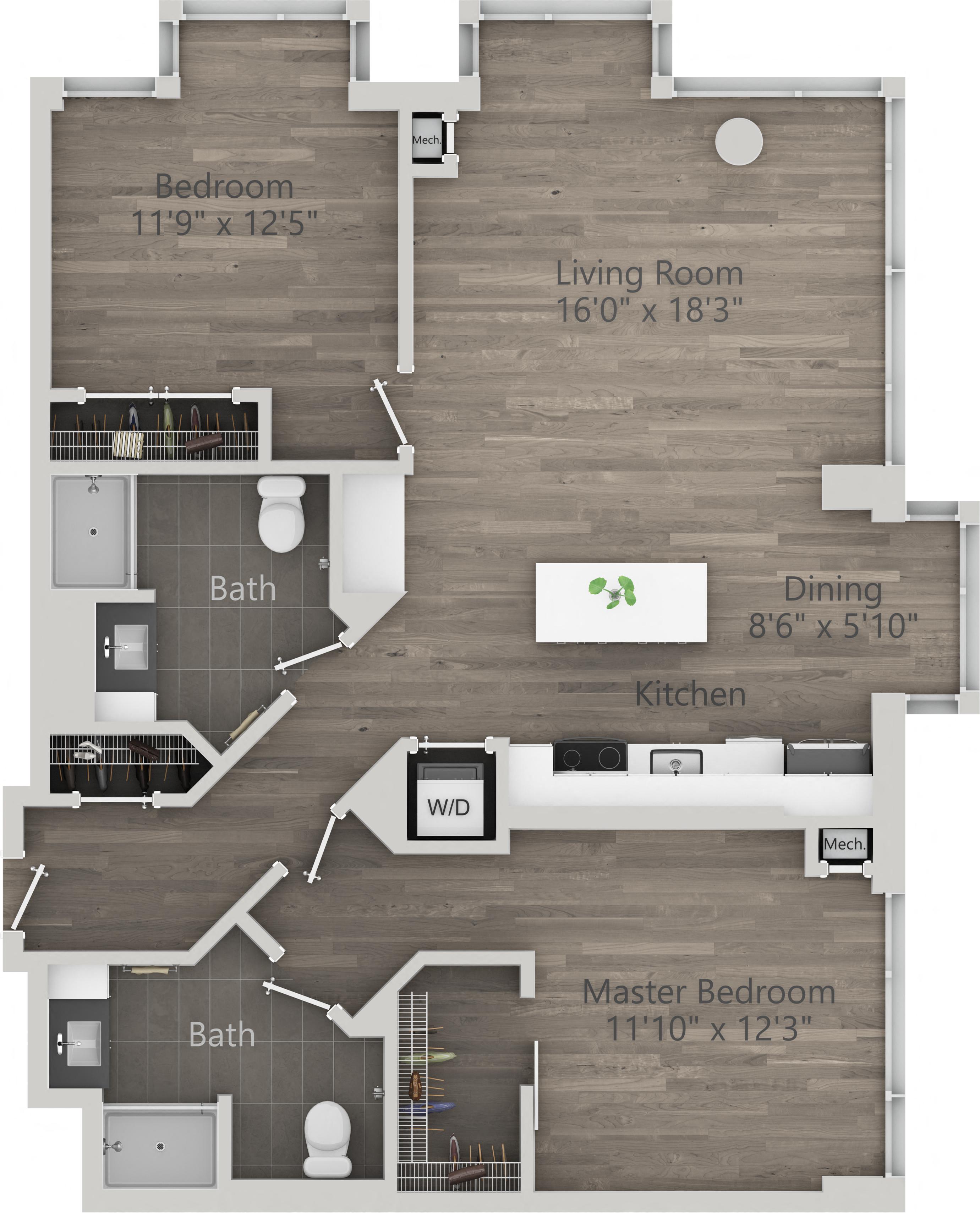 Floor plan for 2 beds, 2 baths, 1107 sqft